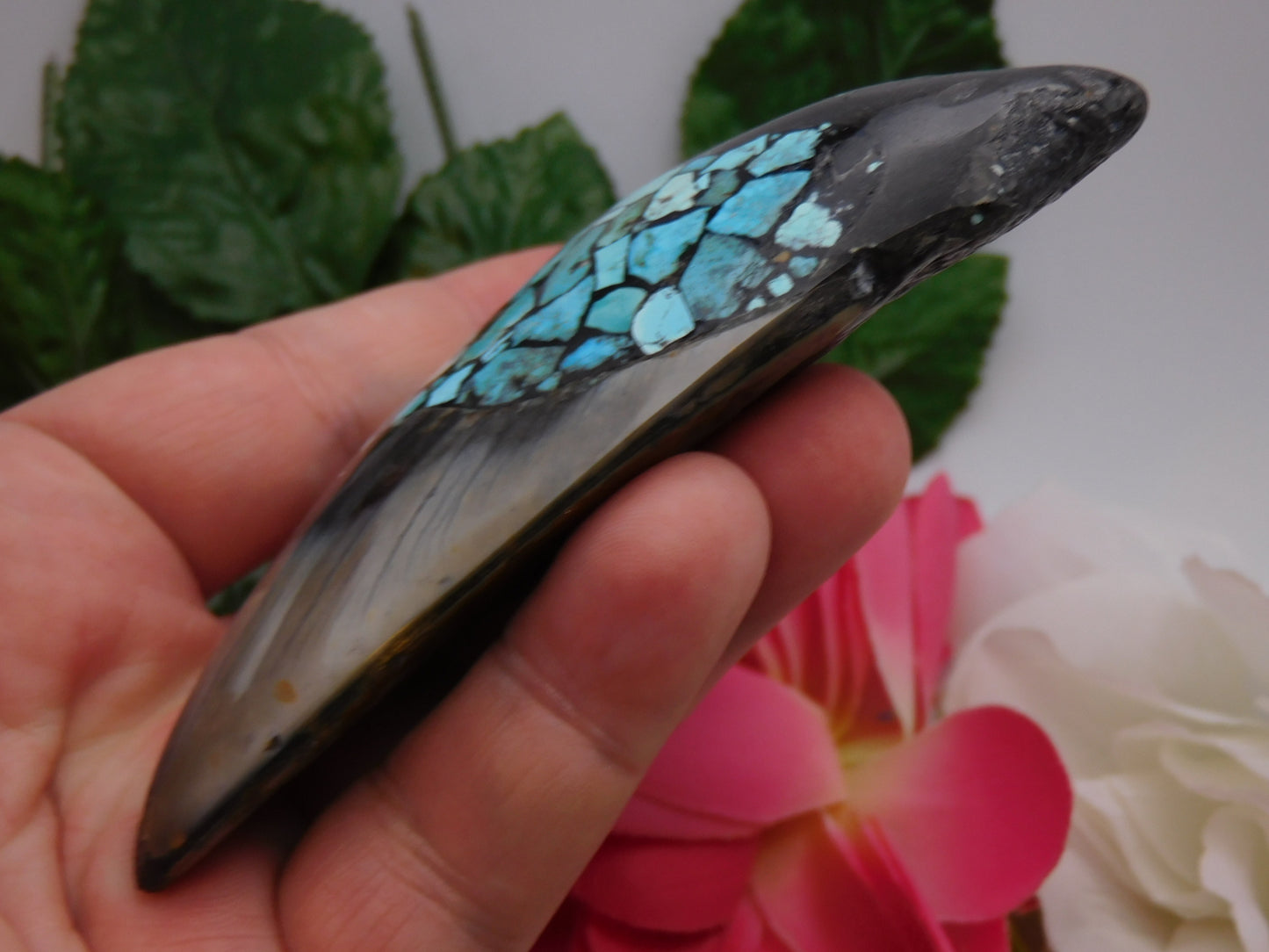 4.3" Polished Megalodon Shark Tooth with Turquoise Inlay